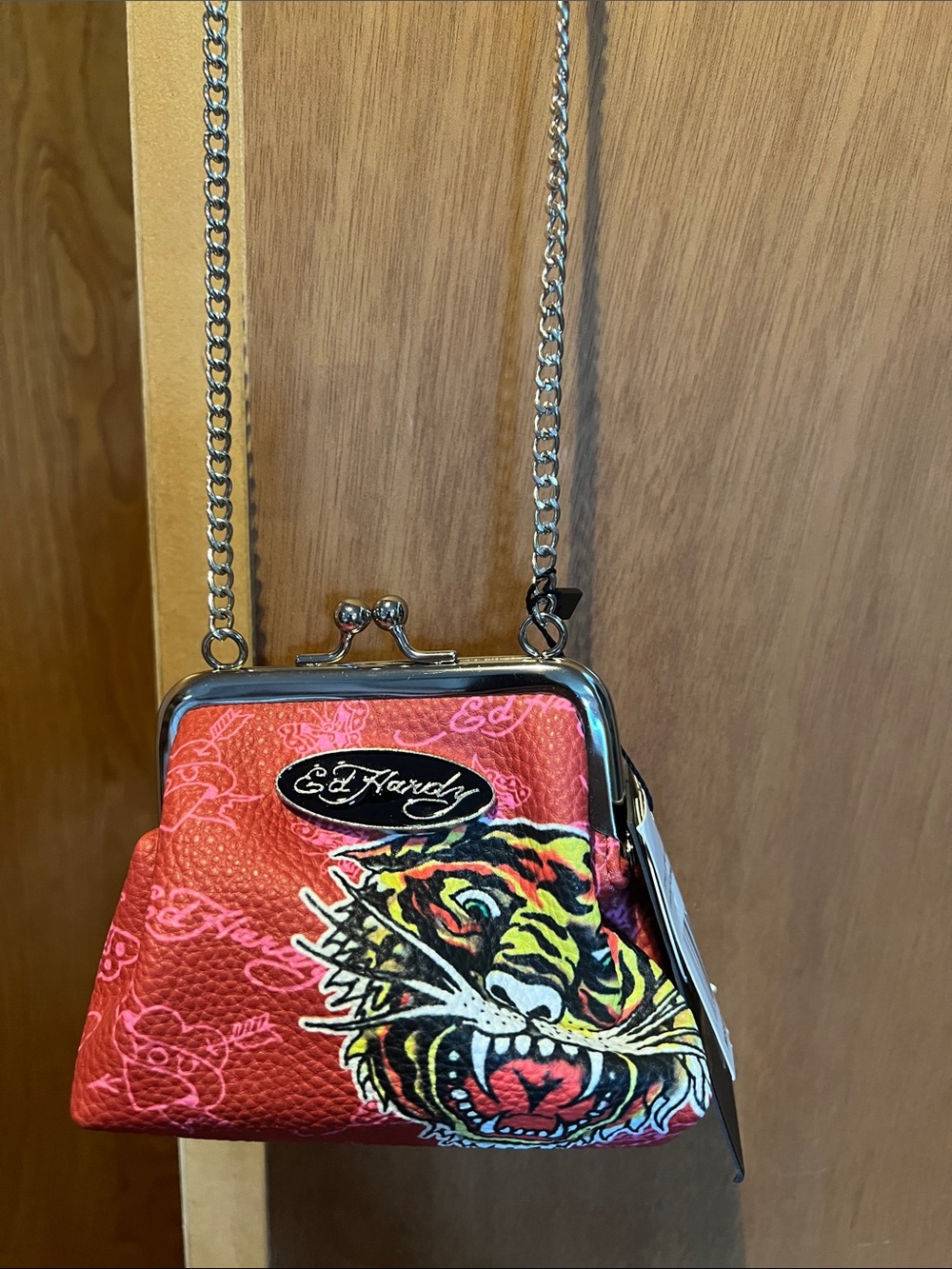 Ed Hardy Red Tiger Kiss-Lock Mini Bag with Silver Chain